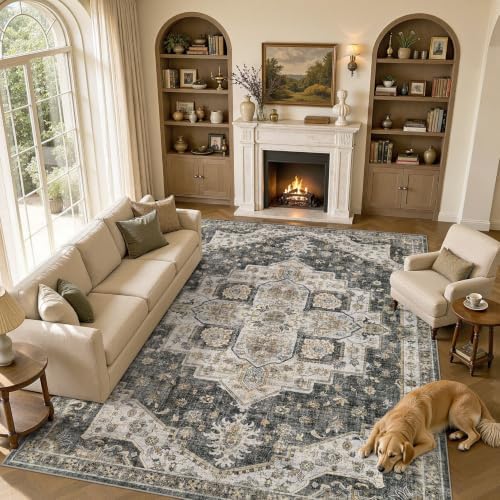 UERMEI 7x9 Area Rug for Living Room Washable Vintage Non Slip Black - Image 7