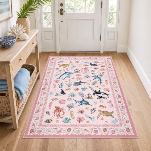 Arenarug 3x5 Kids Playroom Rug Washable Coastal Nursery Rug, Blush Pink - Image 3