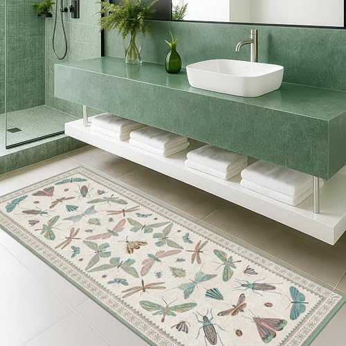 Hazo Haus Washable Non Slip Bathroom Runner Rug 2x5, Insect Boho Bath Mat, Stain Resistant Low Pile Butterfly Insect Print Rugs for Laundry Room, Powder Room, Beige Green - Image 3