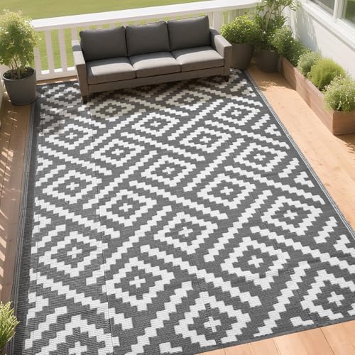RURALITY Outdoor Rugs 9x12 Feet for Patios Clearance,Plastic Straw Waterproof Mats for Backyard,Porch,Deck,Balcony,Grey&White - Image 3