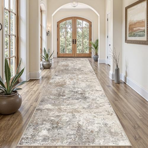 UERMEI 3x12 Washable Runner Rug for Hallway, Non Slip Low Pile Kitchen Carpet, Neutral Modern Abstract Indoor Floor Mat for Entryway Laundry, Kid & Pet Safe High Traffic Area, Brown Grey by UERMEI