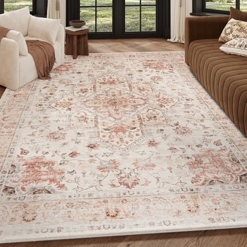 5x7 Orange Washable Area Rug for Living Room, Vintage Print by Unknown