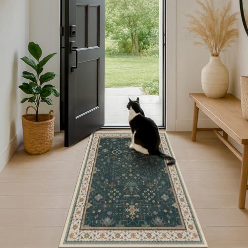 Dark Green Oushak 3x4 Large Entryway Rug - Modern Vintage Boho Floral, Washable Low Pile Non-Slip Area Rugs for Door Mat Indoor Entrance, Kitchen, Bedroom Beside Bed - Image 6