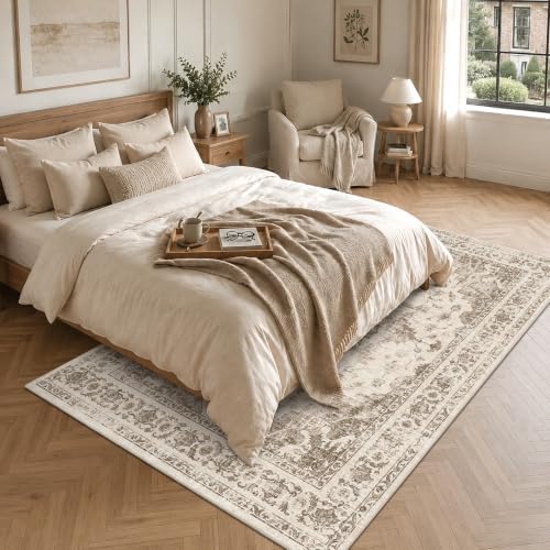 5x8 Washable Bedroom Area Rug Non-Slip Medallion Taupe Throw Carpet - Image 2