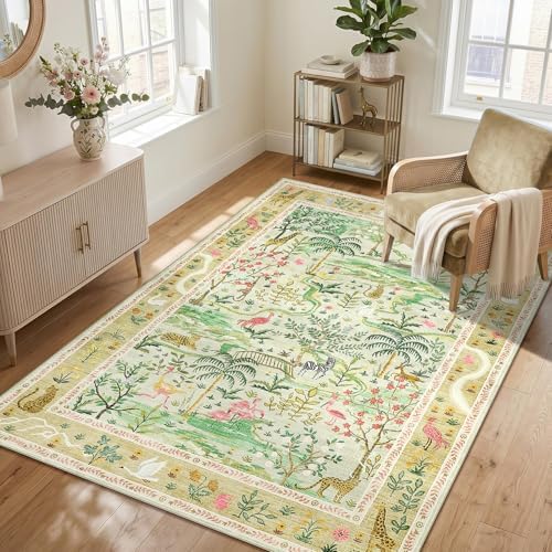Washable Area Rug 5x7 Green Animal Print Rugs for Nursery Non Slip Stain Resistant Forest Fairy Tale Throw Carpet Low Pile Whimsical Safari Area Rugs for Entryway Girls Bedroom Dining Room, Sage Green - Image 4