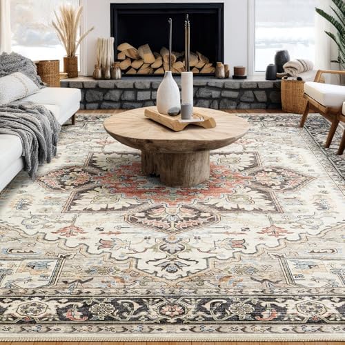 Vintage 9x12 Rugs for Living Room Washable Area Rug Multi Cream - Image 3