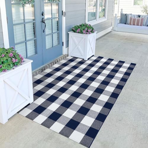 KILOCOCO Buffalo Plaid Checkered Rug 4x6 ft Blue and White Front Door Rug by Kilococo