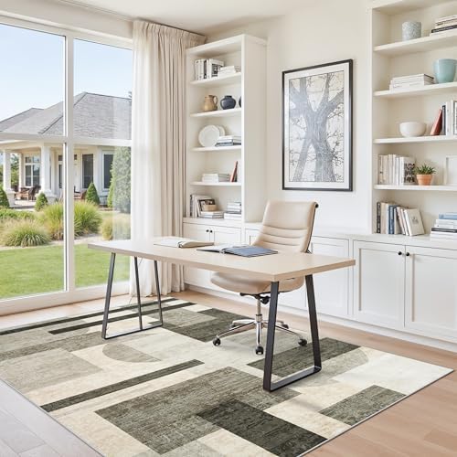 TOPRUUG Area Rug 5x6 Washable: Geometric Non-Slip Low Pile Rugs for Living Room Large Kitchen Bedroom Office - Ultra Soft Modern Aesthetic Home Decor (Beige/Olive Green/Gray, 5X6) - Image 3