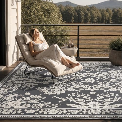 AMOAMI-Outdoor Rug-Patio Rug 5x8 ft Quick Dry Machine Washable Flatweave Textured Outdoor Carpet with Rubber Particles Backing Indoor Outdoor Rugs for Patio Deck Front Porch Balcony Greyish Black - Image 5