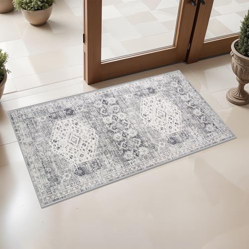 RUUGME 2x4 Entryway Runner Rug: Easy Clean Washable Carpet for Kitchen Hallway Bedroom Soft Non Slip Rugs for Laundry Bathroom Vintgae Distressed Home Decor Floor Mat (Grey, 2x4) by RUUGME