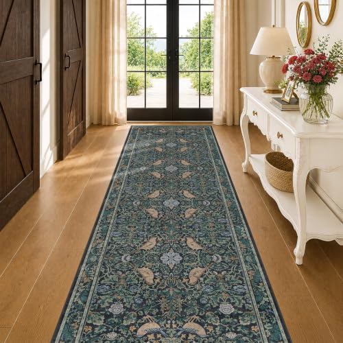 Boho 3x10 Wide Hallway Runner Rug 10 ft, Washable Extra Long Runner Rugs for Entrance Floor, Vintage Blue and Green Plant Design Carpet for Kitchen, Low Pile & Stain Resistant by HazoHaus