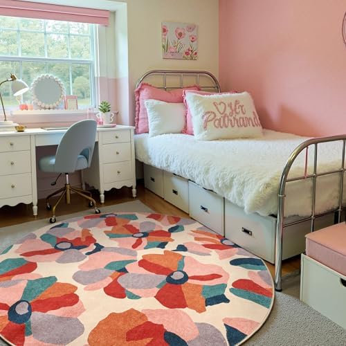 jinchan 5ft Floral Round Rug Washable Living Room Rug Colorful Cute Bloom - Image 3