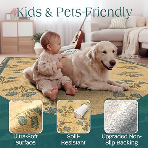 3ft Entryway Round Rug - 3x3 Small Blue Floral Circle Bathroom Rug - Image 2