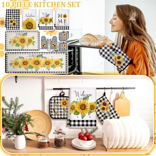 Fourluoo 10 Pcs Sunflower Kitchen Decor Set White Buffalo Plaid - Image 2