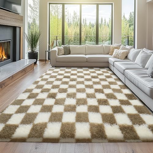 Topmaxcs 8x10 Fluffy Living Room Rug: Beige and White Checkered Rugs by TOPMAXCS