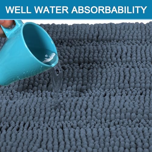 H.VERSAILTEX Bathroom Rug Sets 2 Piece Bath Mats Non Slip Thick Soft Chenille Striped Bath Rug achine Washable Shower Floor Rugs for Tub, Shower and Floor (Blue Indigo, 47" x 17"/17" x 24") - Image 5