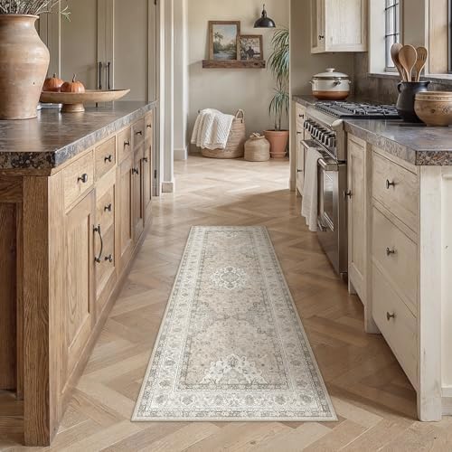 2x6 Washable Runner Rug Beige Brown Non Slip Vintage Carpet - Image 3