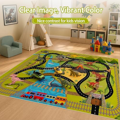 Washable Kids Rug for Playroom, 5x7 ft Faux Wool Dinosaur Rug with Road Map for Childrens, Non-Slip Car Carpet for Boys Bedroom Classroom, Soft & Non-Slip - Image 5