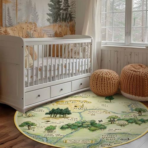 Estmy Washable Vintage Woodland Rug, 3ft Cute Fun Nursery Rugs for Girls Boys Neutral, Soft Stain Resistant Hundred Acre Wood Map Carpet, Cartoon Retro Kids Play Roud Rug Circle Infant Playmat - Image 3
