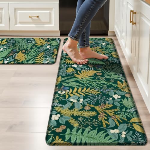 2 PCS Botanical Kitchen Rugs Set, Dark Green 17.3"x28" + 17.3"x47" by Keensoft