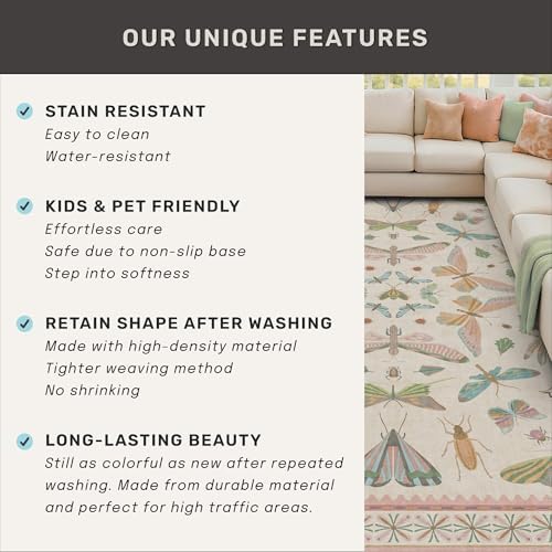 Hazo Haus 9x12 Pink Area Rug for Girls Bedroom, Washable Living Room & Dining Room Rug with Pastel Flower Insect Print, Whimsical Décor Carpet - Image 6