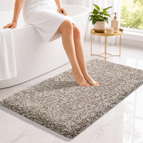Yimobra Long Bathroom Rug 44x24, Fluffy Non Slip Bath Mat,Light Brown&White by Yimobra