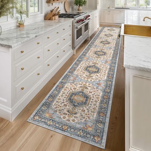KUTA Washable Runner Rug 2.6x16 Extra Long Hallway Kitchen Rugs Ivory Blue - Image 3