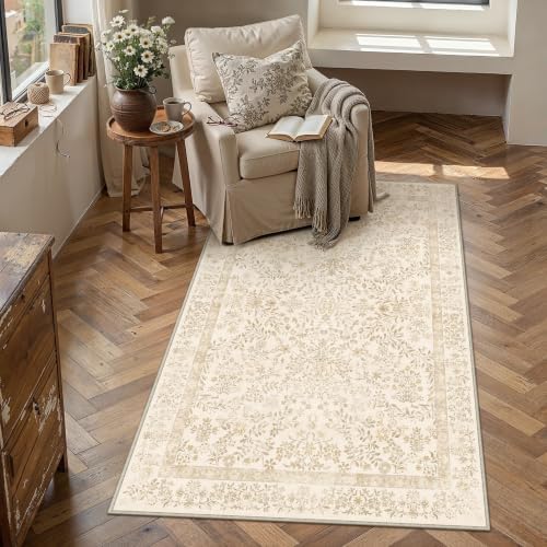PureCozy 3x5 Beige Brown Floral Small Area Rug Vintage Farmhouse Style by PureCozy