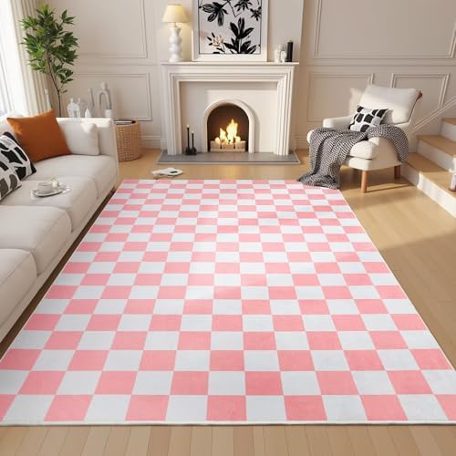 Terrug Pink and White Checkered Rug for Bedroom, 3x5 Washable Area Rugs - Image 3