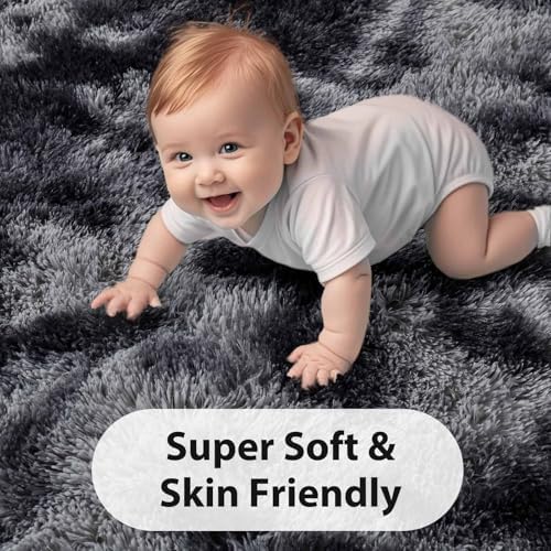 6x9 Non-Slip Fluffy Area Rugs For Living Room (Tie-dye Dark Grey) - Image 4