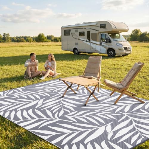 Smiry Outdoor Rug 8x10 ft Waterproof Reversible Leaf Mat, Grey & White - Image 2