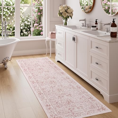 DUKINO 2x6 Runner Rug, Washable Vintage Floral Kitchen Rug, Pink - Image 3