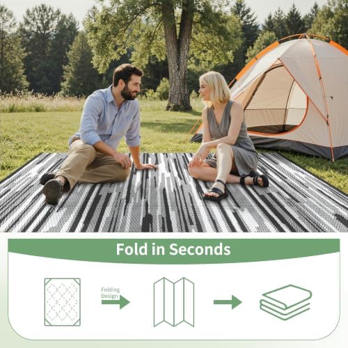 GENIMO Outdoor Rug for Patio Clearance, 6'x9' Waterproof Camping Mat, Reversible Plastic Straw Rugs for RV, Camper, Balcony, Backyard, Picnic, Deck (Black White) - Image 4