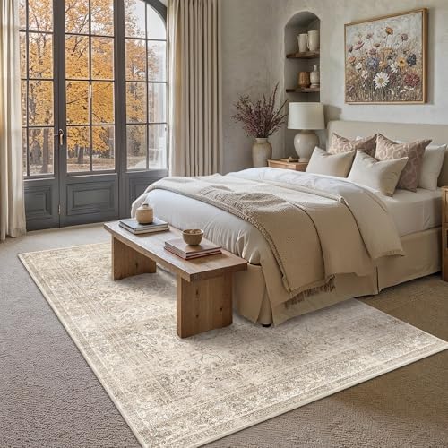 Schweek 6x9 Beige Area Rug Washable Neutral Distressed Rugs for Living Room - Image 3