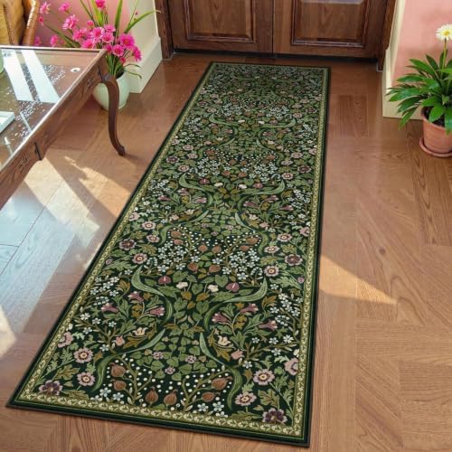 Moynesa 2'8"x8' Runner Rug for Hallway, Green Vintage Floral Kitchen Runner by Moynesa