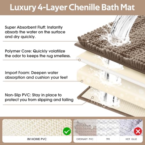 ACCUMTEK Terraloom Striped Dark Beige Bathroom Rug Mat 36"x24" Ultra Soft, Non Slip Chenille Bath Rugs, Absorbent Plush Shaggy Bath Mats for Bathroom, Bedroom, Shower, Tub,Taupe - Image 5