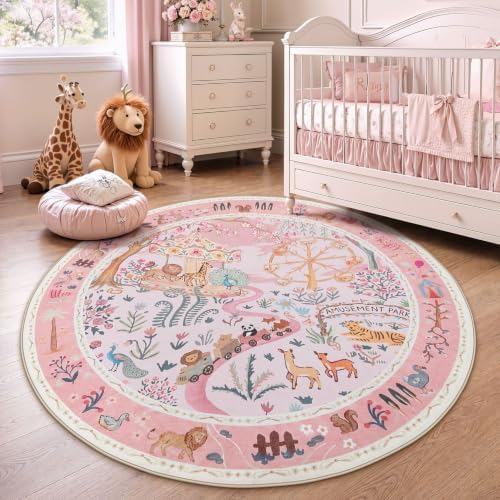 Tribesigns Animal Floral Round Rugs 6ft Washable Kids Rug, Soft Cute Circle Nursery Rugs for Girls Bedroom, Non-Slip Low Pile Indoor Zoo Carpet Rugs for Kids Playroom Living Room, Pink/6' Round by Tribesigns