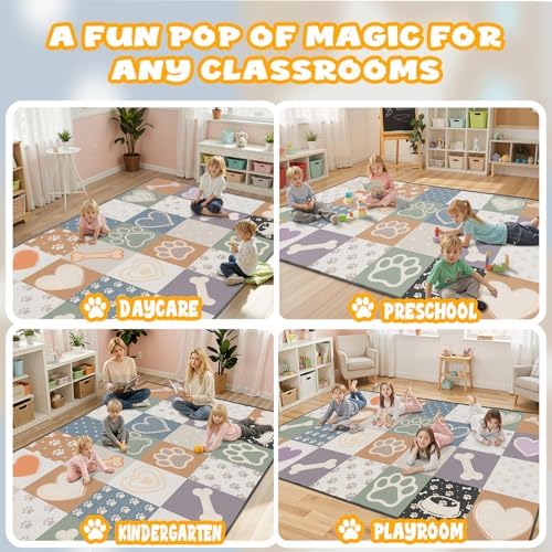 Farmhouse Paw Print Patchwork Area Rug 8x10, Washable & Non-Slip - Image 4