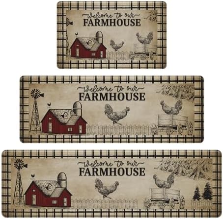 3PCS Kitchen Rugs, Anti Fatigue Kitchen Mat, Farmhouse Rooster by CHICNOOK