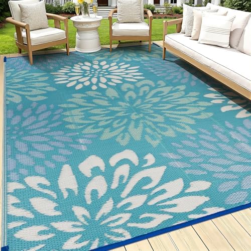HEBE Waterproof Outdoor Rug 9'x12', Floral Reversible Plastic Patio Rug by HEBE