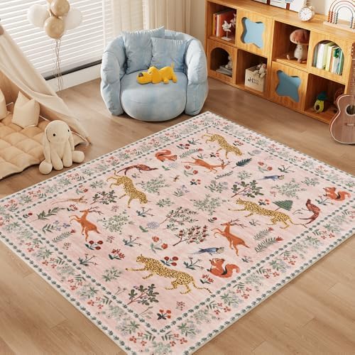 8x10 Pink Animal Washable Area Rug for Living Room, Vintage Print - Image 4