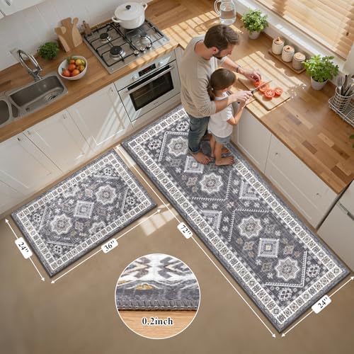 HEBE Boho Kitchen Rugs Set of 2, Non Slip Washable Kitchen Mats for Floor - Image 2