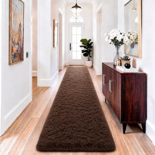Ophanie 2x10 Runner Rug for Hallway, Upgrade Non-Slip Fluffy Soft Bedside Rugs, Bedroom Living Room Brown Shaggy Black Carpet for Girls Boys Dorm Decor Aesthetic with Over 99 pcs Pile fibers by Ophanie