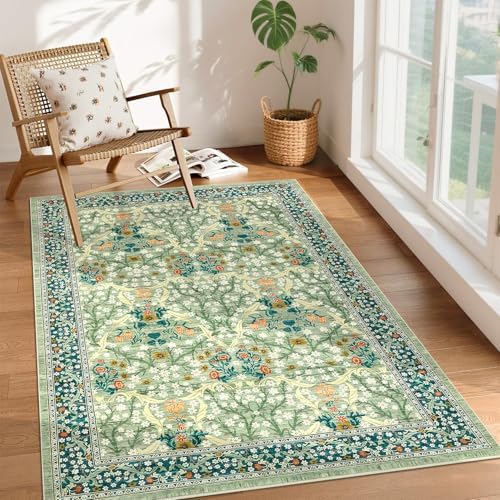 GarveeHome Floral 3x5 Area Rugs for Entryway, Washable Kitchen Rug Non Slip, Low Pile Bedroom Rug, Ultra Soft Stain Resistant Small Carpet for Laundry Room, Sage Green by GarveeHome