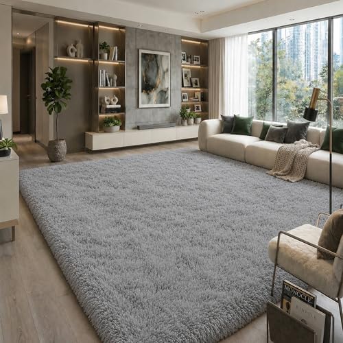 9x12 Ft Grey XL Fluffy Area Rug for Living Room, Soft Washable by OHWPEAT