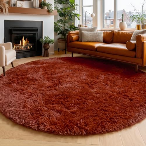 Amdrebio Terracotta Large Furry Round Rug 6Ft for Living Room Kids Bedroom by Amdrebio