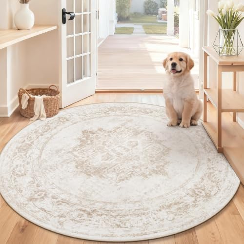 Round Rug 4ft Vintage Rugs: Small Washable Circle Rug Distressed Non Slip Circular Carpet for Living Room Bedroom Kitchen Home(Beige, 4' Round) by ZomfyRugs