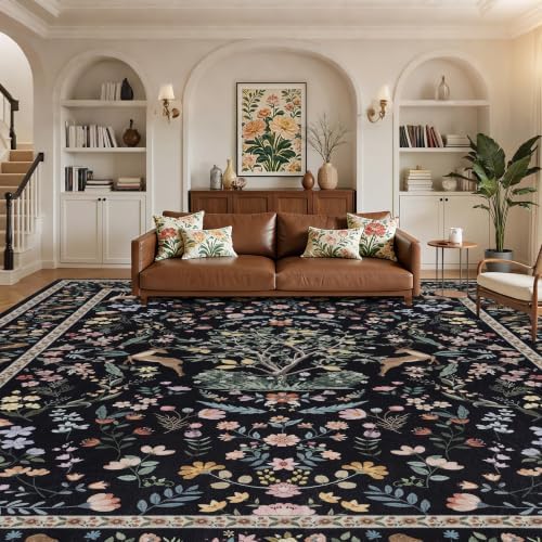 RCTJHOME 9x12 Black Floral Vintage Washable Area Rug Non-Slip Soft Carpet by RCTJHOME