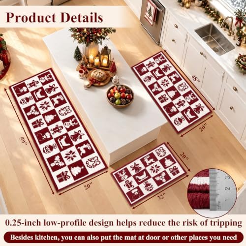 U'Artlines Christmas Red Kitchen Rugs and Mats Set of 3,20x32+20x48+20x59 - Image 2