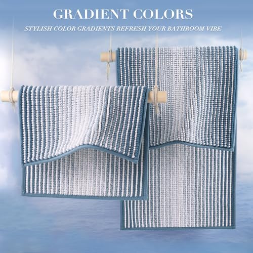 BSICPRO Large Chenille Bathroom Rugs, 24x43 Striped Bath Mats, Fog Blue - Image 5